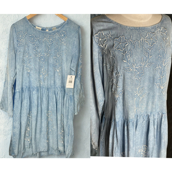 Vintage Rainforest Cafe Dress M Blue Embroidered Cottagecore Boho 90s Souvenir - Picture 1 of 8